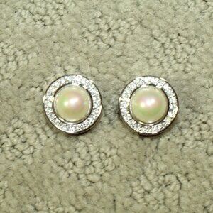 VTG Christian Dior Faux Pearl Rhinestone Silver Tone Clip On Earrings